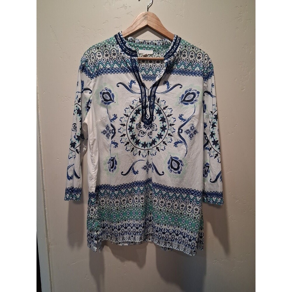 Charter Club Wmn XL Geometric Blue‎ White Tunic Sequin Neckline Swimsuit Coverup